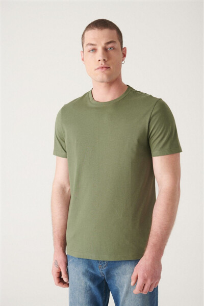 Khaki 100% Cotton Breathable Crew Neck Slim Fit Skinny T-Shirt - 6