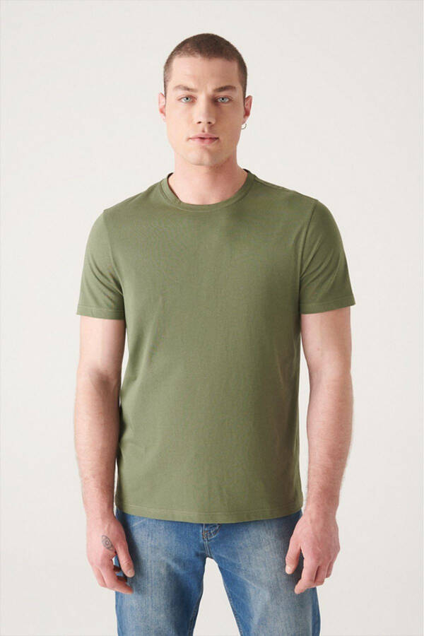 Khaki 100% Cotton Breathable Crew Neck Slim Fit Skinny T-Shirt - 7