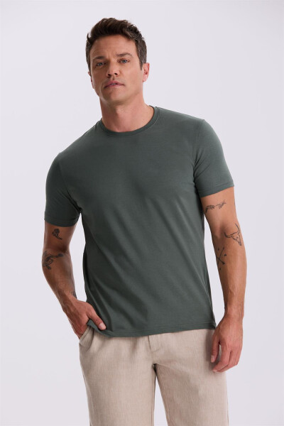 Khaki 100% Cotton Slim Fit Crew Neck Basic T-Shirt - 2