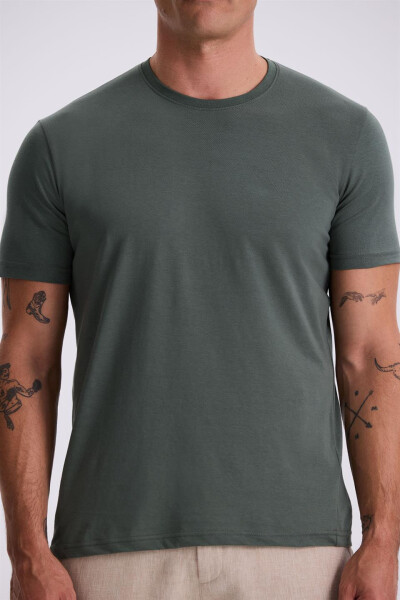 Khaki 100% Cotton Slim Fit Crew Neck Basic T-Shirt - 3