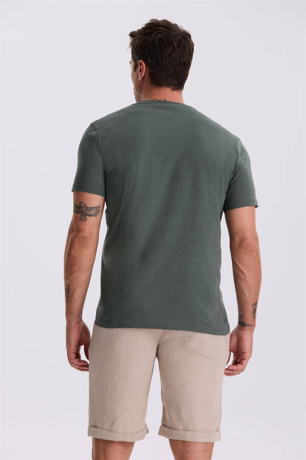 Khaki 100% Cotton Slim Fit Crew Neck Basic T-Shirt - 4