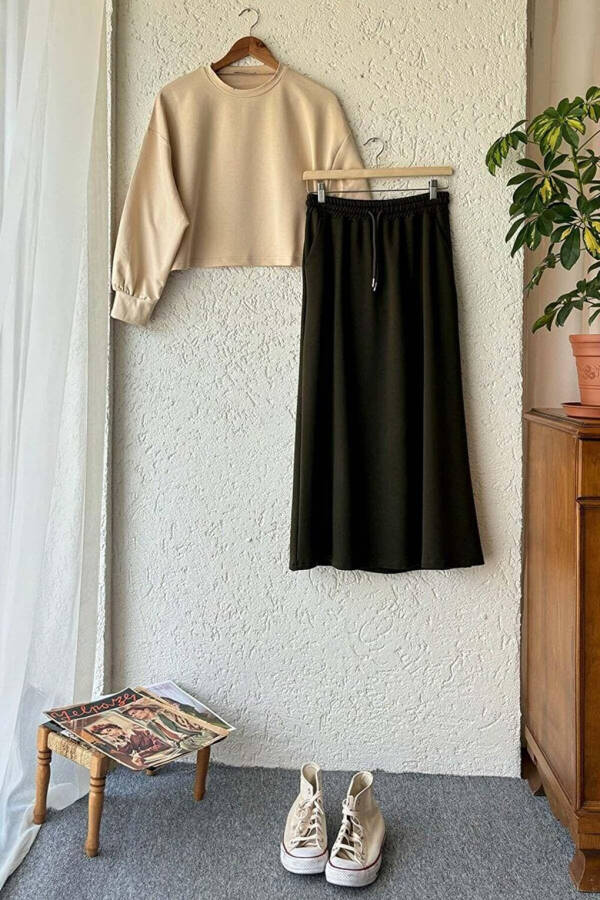 Khaki 2 Yarn Sweat Skirt & Cream Ahsen Crop Set - 1