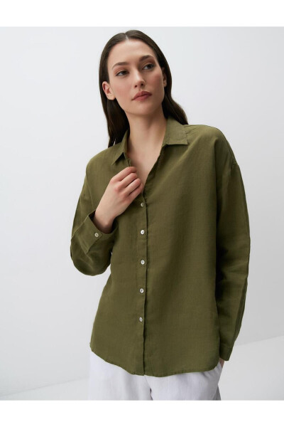 Khaki Long Sleeve Basic Linen Shirt - 19