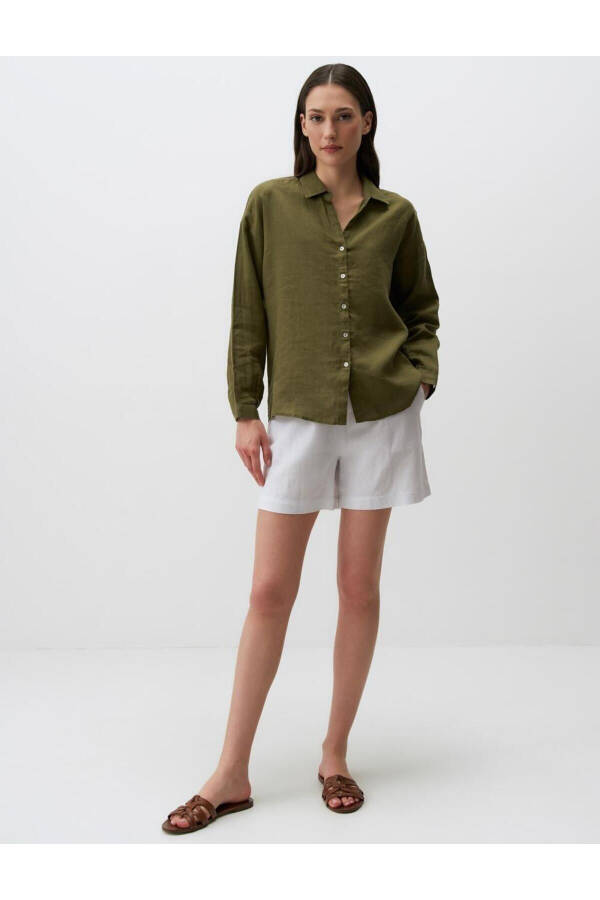 Khaki Long Sleeve Basic Linen Shirt - 20