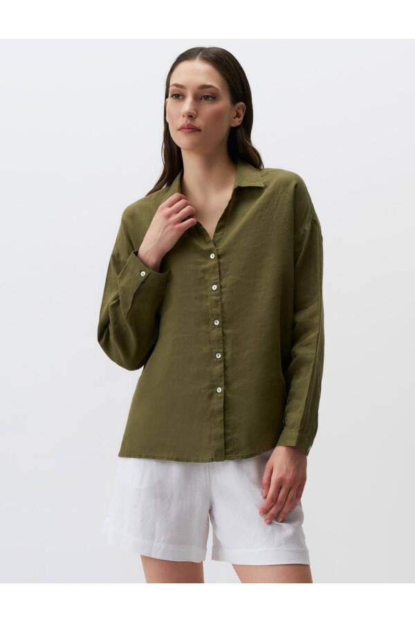 Khaki Long Sleeve Basic Linen Shirt - 21