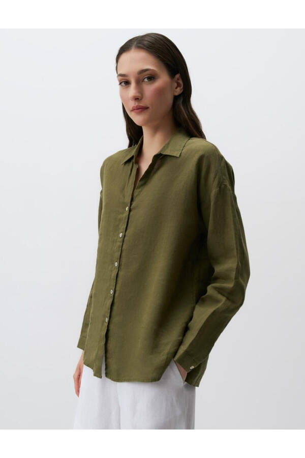 Khaki Long Sleeve Basic Linen Shirt - 22