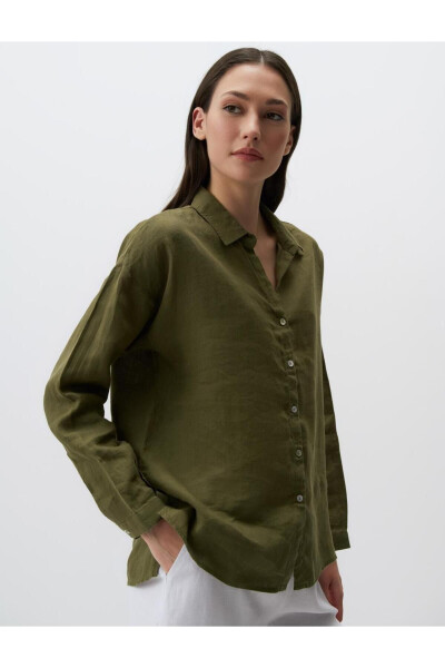 Khaki Long Sleeve Basic Linen Shirt - 23