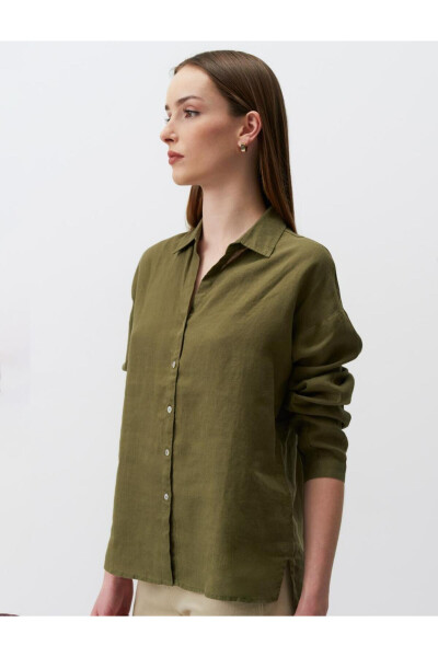 Khaki Long Sleeve Basic Linen Shirt - 28