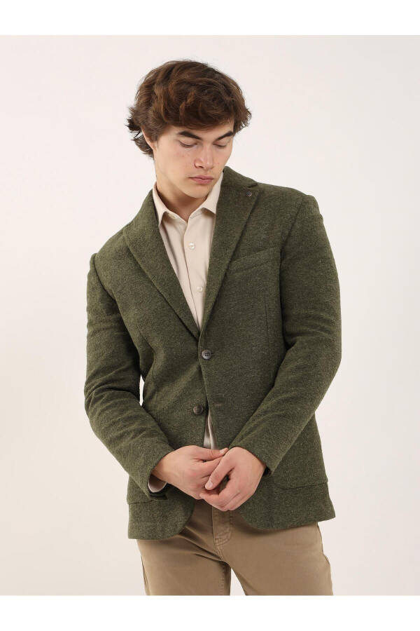 Khaki Men's Slim Fit Plain Cashmere Mono Collar Jacket - 96580 - 8