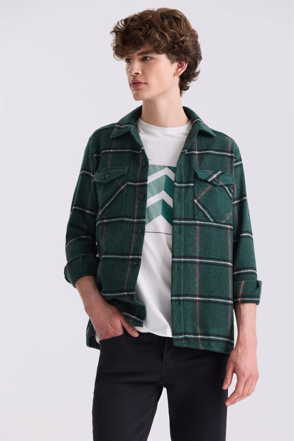 Khaki Oversized Loose Fit Plaid Cotton Pocket Flannel Shirt - 5