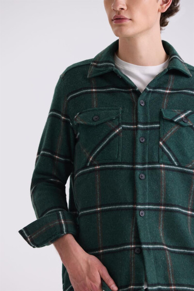 Khaki Oversized Loose Fit Plaid Cotton Pocket Flannel Shirt - 7