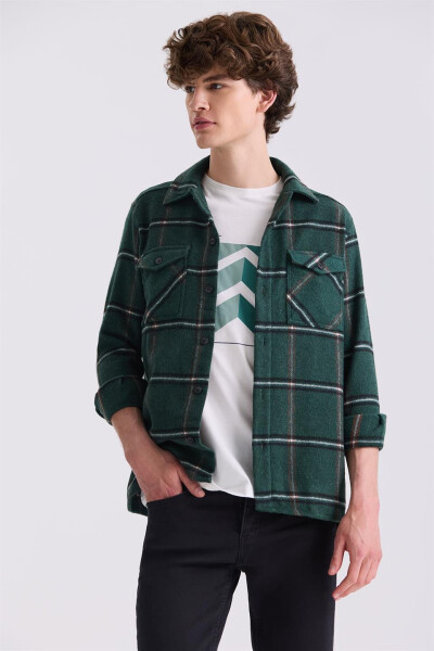 Khaki Oversized Loose Fit Plaid Cotton Pocket Flannel Shirt - 1