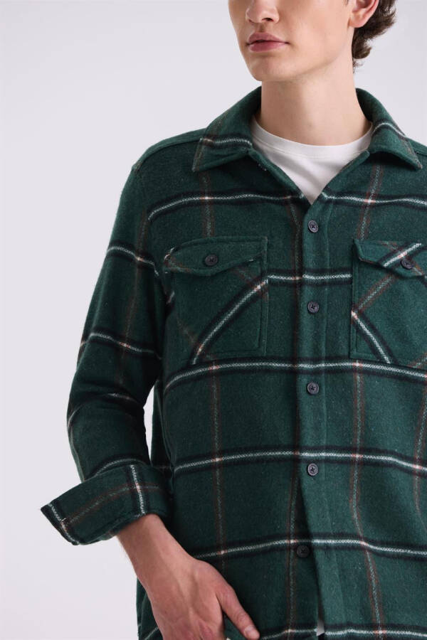 Khaki Oversized Loose Fit Plaid Cotton Pocket Flannel Shirt - 3