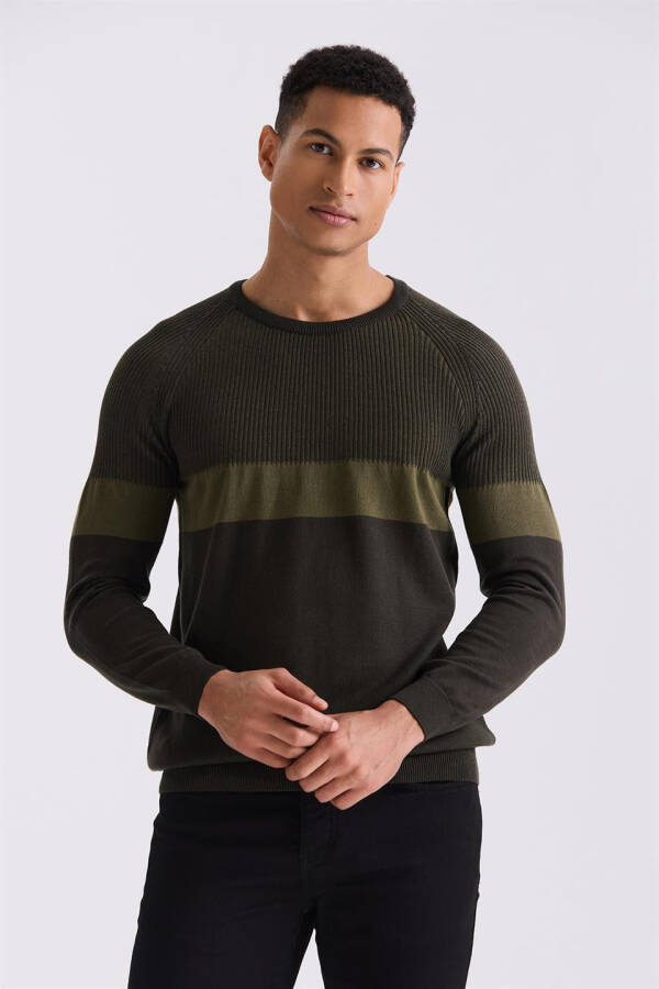 Khaki Slim Fit Crew Neck Striped Knit Sweater - 1