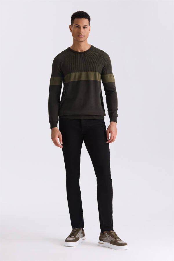 Khaki Slim Fit Crew Neck Striped Knit Sweater - 2