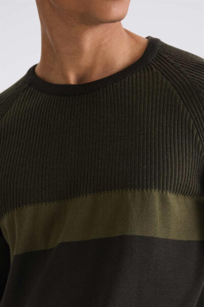 Khaki Slim Fit Crew Neck Striped Knit Sweater - 3