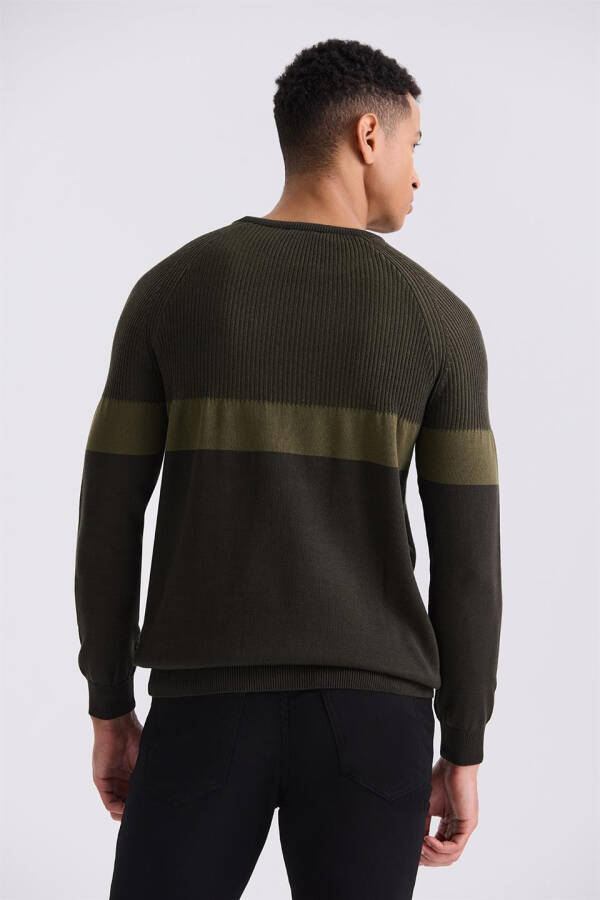 Khaki Slim Fit Crew Neck Striped Knit Sweater - 4