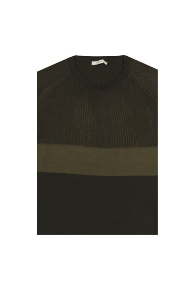 Khaki Slim Fit Crew Neck Striped Knit Sweater - 5