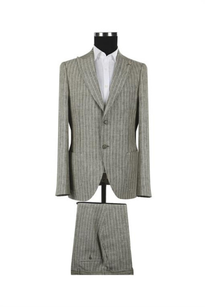 Khaki Slim Fit Swallow Collar Double Slit 100% Linen Sport Suit - 5