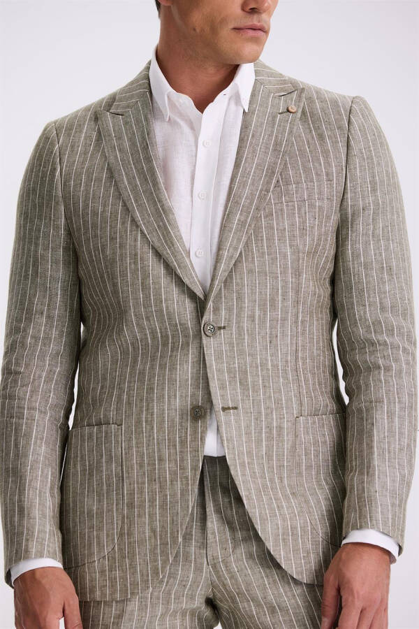 Khaki Slim Fit Swallow Collar Double Slit 100% Linen Sport Suit - 3