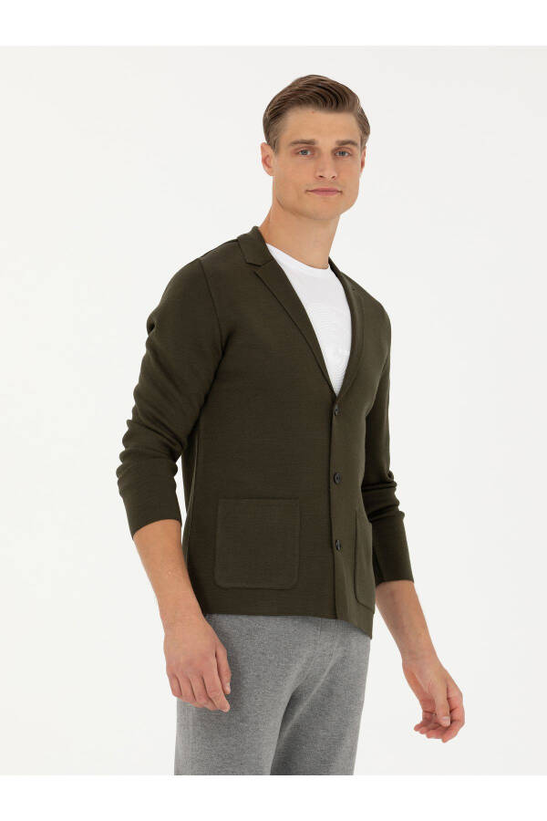 Khaki Slim Fit V-Neck Knit Cardigan - 1