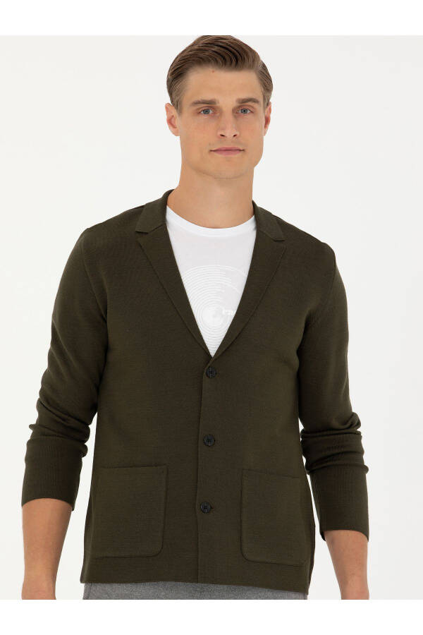 Khaki Slim Fit V-Neck Knit Cardigan - 3