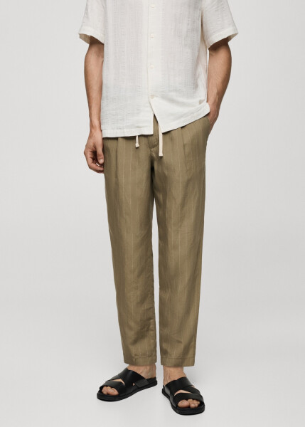 Khaki striped drawstring pants with linen blend. - 6