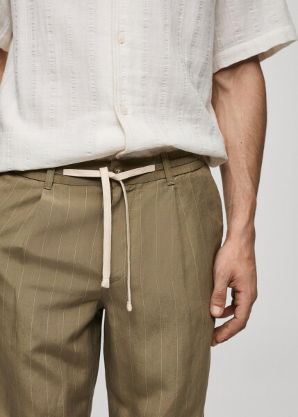 Khaki striped drawstring pants with linen blend. - 8