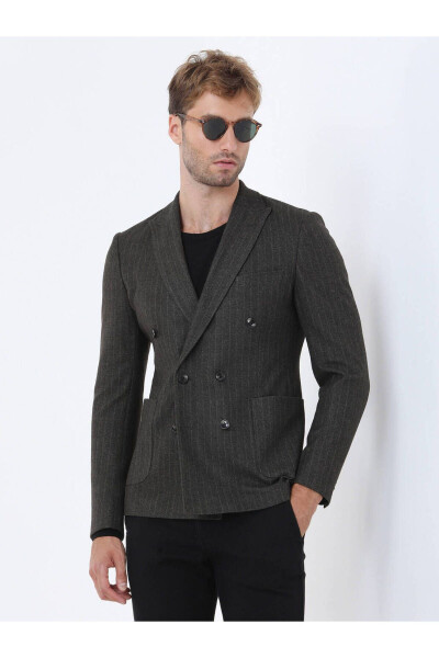 Khaki Striped Slim Fit Knit Jacket - 9