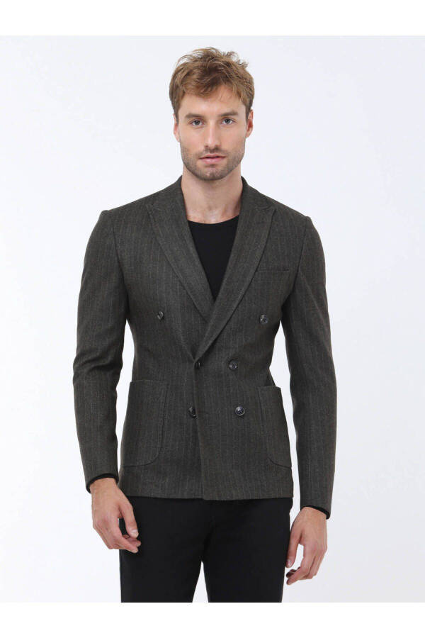 Khaki Striped Slim Fit Knit Jacket - 10