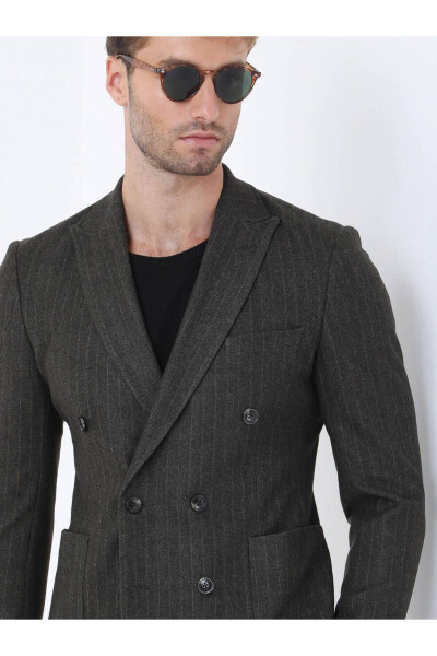 Khaki Striped Slim Fit Knit Jacket - 11