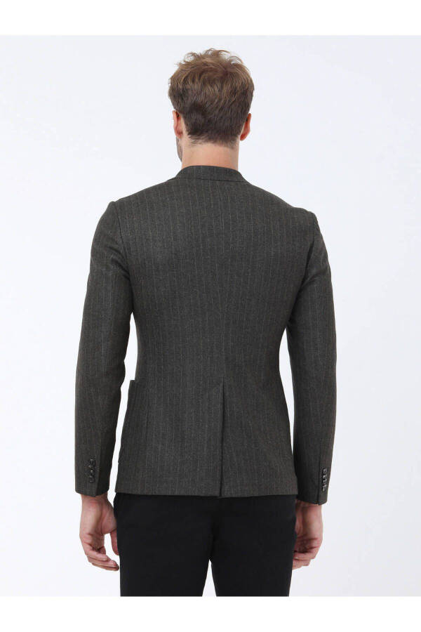 Khaki Striped Slim Fit Knit Jacket - 7