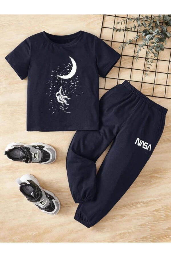 Kids Black NASA Printed T-shirt and Sweatpants Set - 1