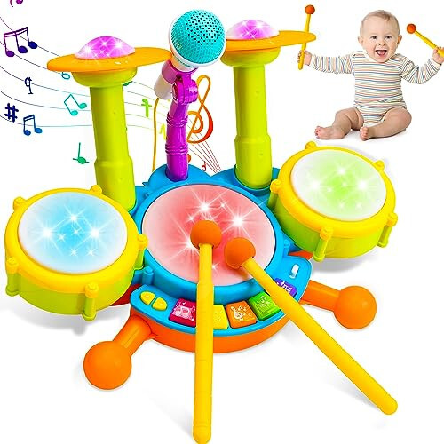 Kids Drum Set for Toddlers 1-3 Musical Baby Toys for 1 Year Old Boy Gifts Montessori Baby Girl Toys with Microphone Light Up Learning Toys Birthday Gifts for Infants 6 9 12 18 Months Toddler Age 1-2 - 1