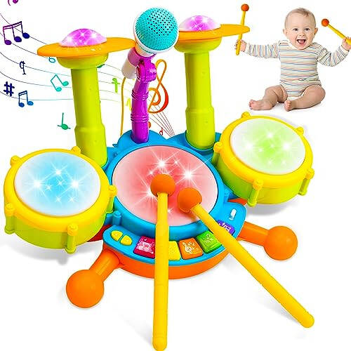 Kids Drum Set for Toddlers 1-3 Musical Baby Toys for 1 Year Old Boy Gifts Montessori Baby Girl Toys with Microphone Light Up Learning Toys Birthday Gifts for Infants 6 9 12 18 Months Toddler Age 1-2 - 1