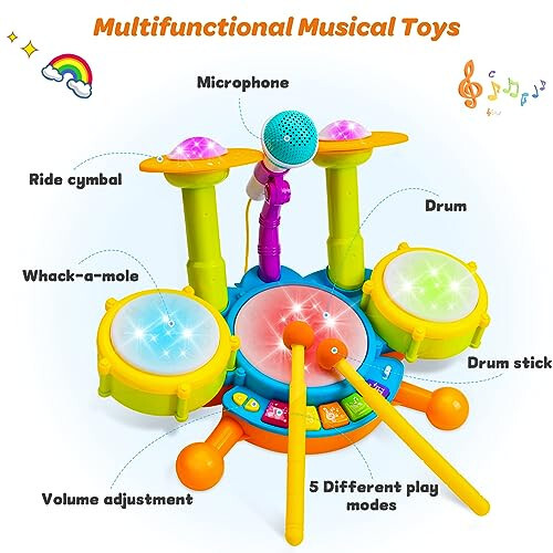 Kids Drum Set for Toddlers 1-3 Musical Baby Toys for 1 Year Old Boy Gifts Montessori Baby Girl Toys with Microphone Light Up Learning Toys Birthday Gifts for Infants 6 9 12 18 Months Toddler Age 1-2 - 3