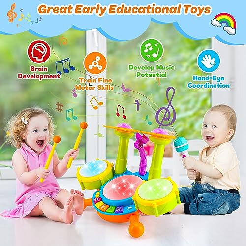 Kids Drum Set for Toddlers 1-3 Musical Baby Toys for 1 Year Old Boy Gifts Montessori Baby Girl Toys with Microphone Light Up Learning Toys Birthday Gifts for Infants 6 9 12 18 Months Toddler Age 1-2 - 4