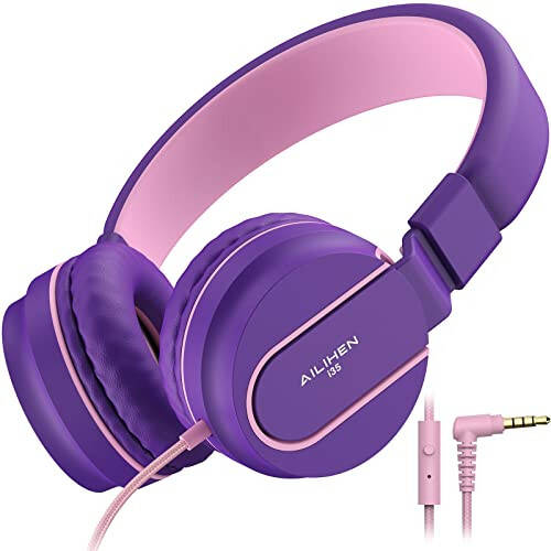 Kids Headphones, AILIHEN I35 On-Ear Headphones for School, Safe Volume 93dB, HD Mic Stereo Headphone for Kid Girls Children, Foldable Wired 3.5mm for Chromebook, Laptop, Computer, Tablet (Pink Purple) - 1