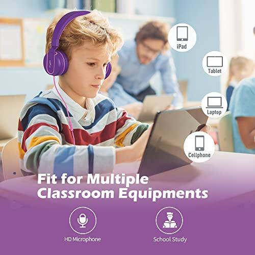 Kids Headphones, AILIHEN I35 On-Ear Headphones for School, Safe Volume 93dB, HD Mic Stereo Headphone for Kid Girls Children, Foldable Wired 3.5mm for Chromebook, Laptop, Computer, Tablet (Pink Purple) - 4