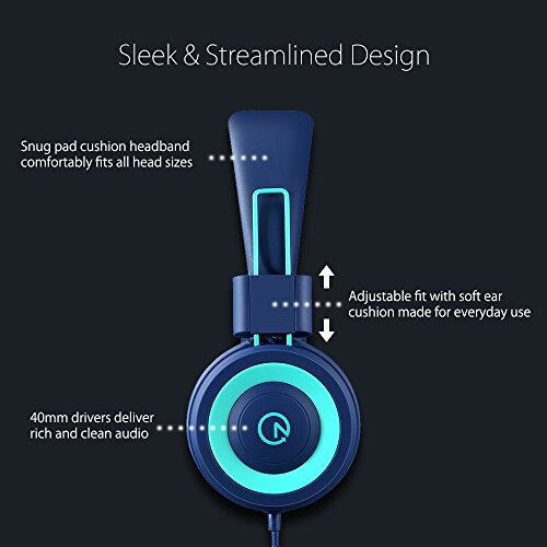 Kids Headphones - noot products K11 Foldable Stereo Tangle-Free 3.5mm Jack Wired Cord On-Ear Headset for Children/Teens/Boys/Girls/Smartphones/School/Kindle/Airplane Travel/Plane/Tablet (Navy/Teal) - 2