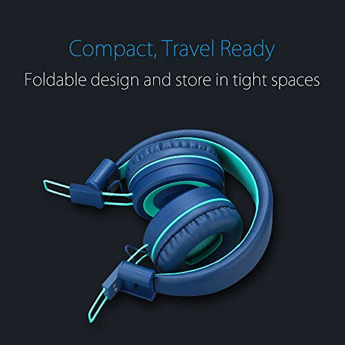 Kids Headphones - noot products K11 Foldable Stereo Tangle-Free 3.5mm Jack Wired Cord On-Ear Headset for Children/Teens/Boys/Girls/Smartphones/School/Kindle/Airplane Travel/Plane/Tablet (Navy/Teal) - 4