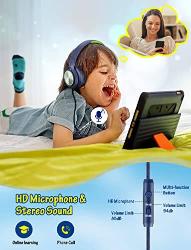 Kids Headphones with Cord, Wired Over Ear Headsets with Microphone Limited Volume 85dB/ 94dB, Portable Wired Headphones for Kids Boys Girls Teens Children Online School/Travel/iPad/Tablet/Cellphone - 2