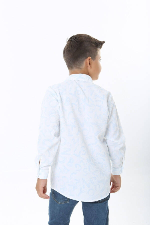 Kids White Waffle Fabric Blue Letter Patterned Shirt - 4