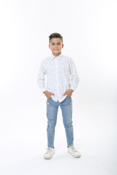 Kids White Waffle Fabric Grey Letter Patterned Shirt - 3