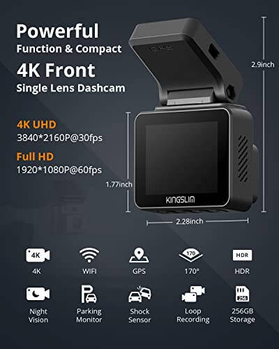 Kingslim D5-4K Dash Cam с Wi-Fi - Передняя автомобильная камера с GPS и скоростью, Sony Night Vision, поддержка приложения и 256 ГБ макс - 2