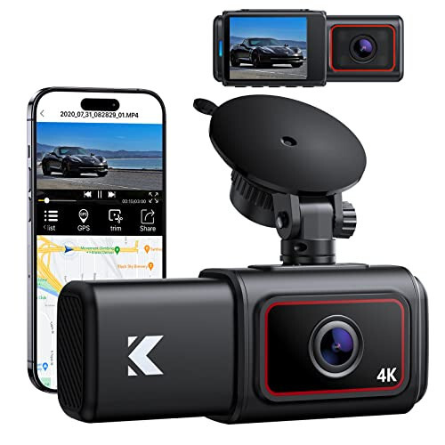 Kingslim D6-4K Çift Dash Cam - WiFi & GPS 4K Ön ve 1080P İç Tip-C Uber Araç Kamerası Süper Gece Görüşü ve 24 Saatlik Park Gözetimiyle, 3 Kanal Dash Cam Seçeneği, Siyah - 1