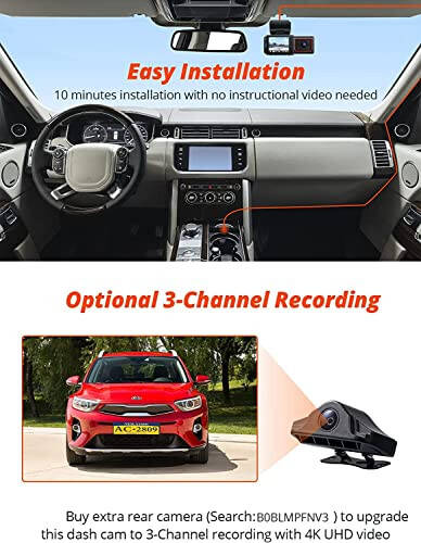 Kingslim D6-4K Dual Dash Cam - WiFi & GPS 4K Front and 1080P Inside Type-C Uber Car Camera with Super Night Vision and 24-Hour Parking Monitor, 3 Channel Dash Cam Optional, Black - 3