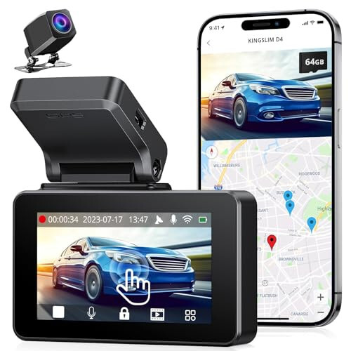 Kingslim Dash Cam Front and Rear 4K, Car Dash Camera for Cars with Free 64GB Card, 3 Inch Touchscreen, Front and Back Dashcam Built-in WiFi GPS, Night Vision, Parking Monitor, Smart App - 1