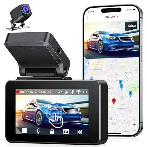 Kingslim Ön ve Arka 4K Dash Cam, Ücretsiz 64GB Kartlı Araçlar İçin Dash Kamera, 3 İnç Dokunmatik Ekran, Ön ve Arka Dashcam Yerleşik WiFi GPS, Gece Görüşü, Park Sensörü, Akıllı Uygulama - 1