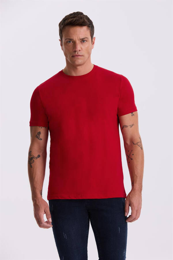 Kırmızı %100 Pamuk Slim Fit Bisiklet Yaka Basic T-Shirt - 4